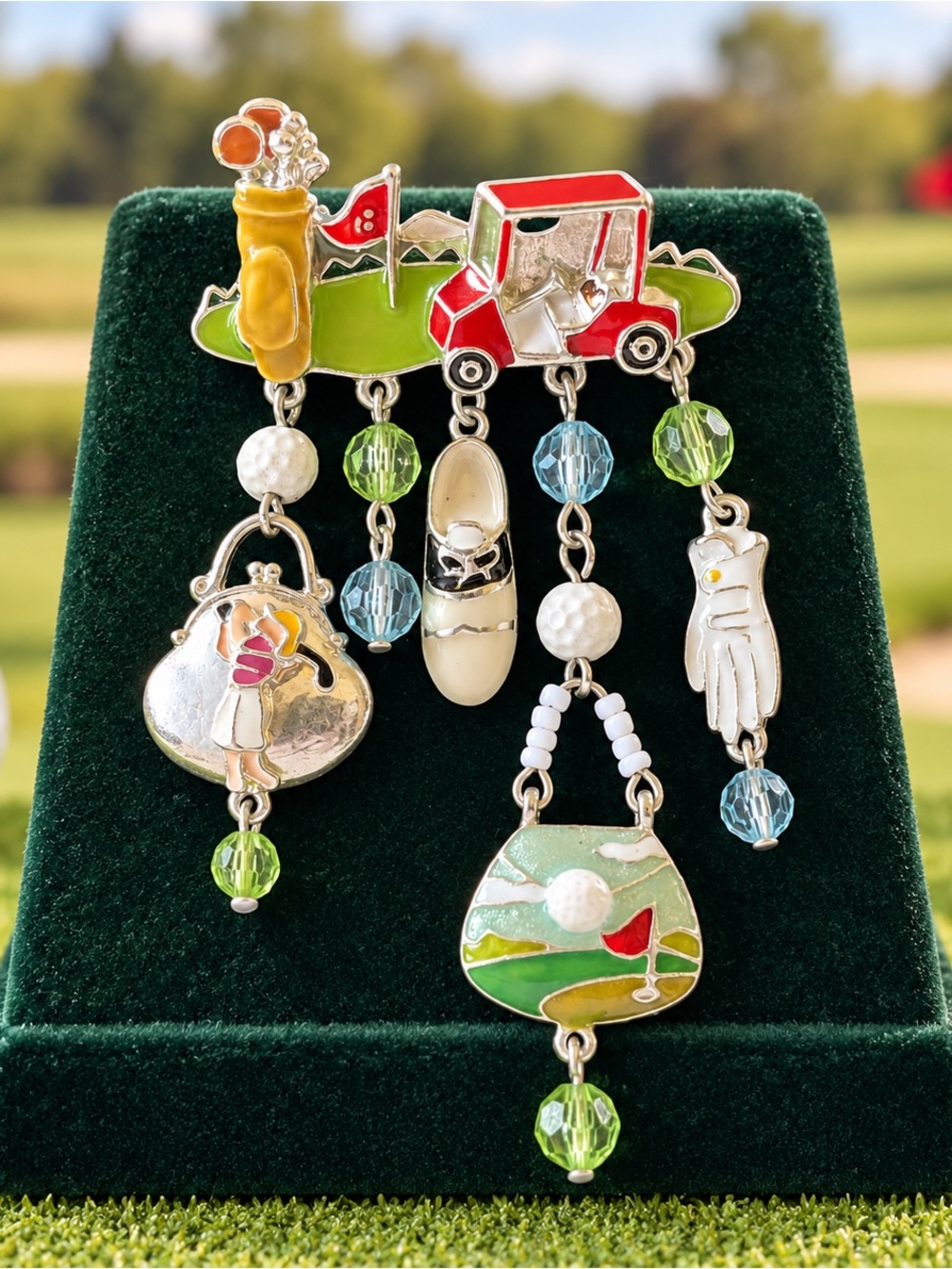 Whimsical Golf Cart Enamel Dangle Charm Brooch Pin